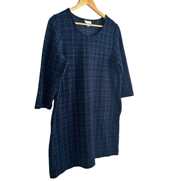 J Jill Navy Blue Checkered 3/4 Sleeve Shift Viscose Rayon Dress Size Medium - Picture 2 of 7